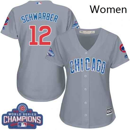 Womens Majestic Chicago Cubs 12 Kyle Schwarber Authentic Grey Road 2016 World Series Champions Cool Base MLB Jersey